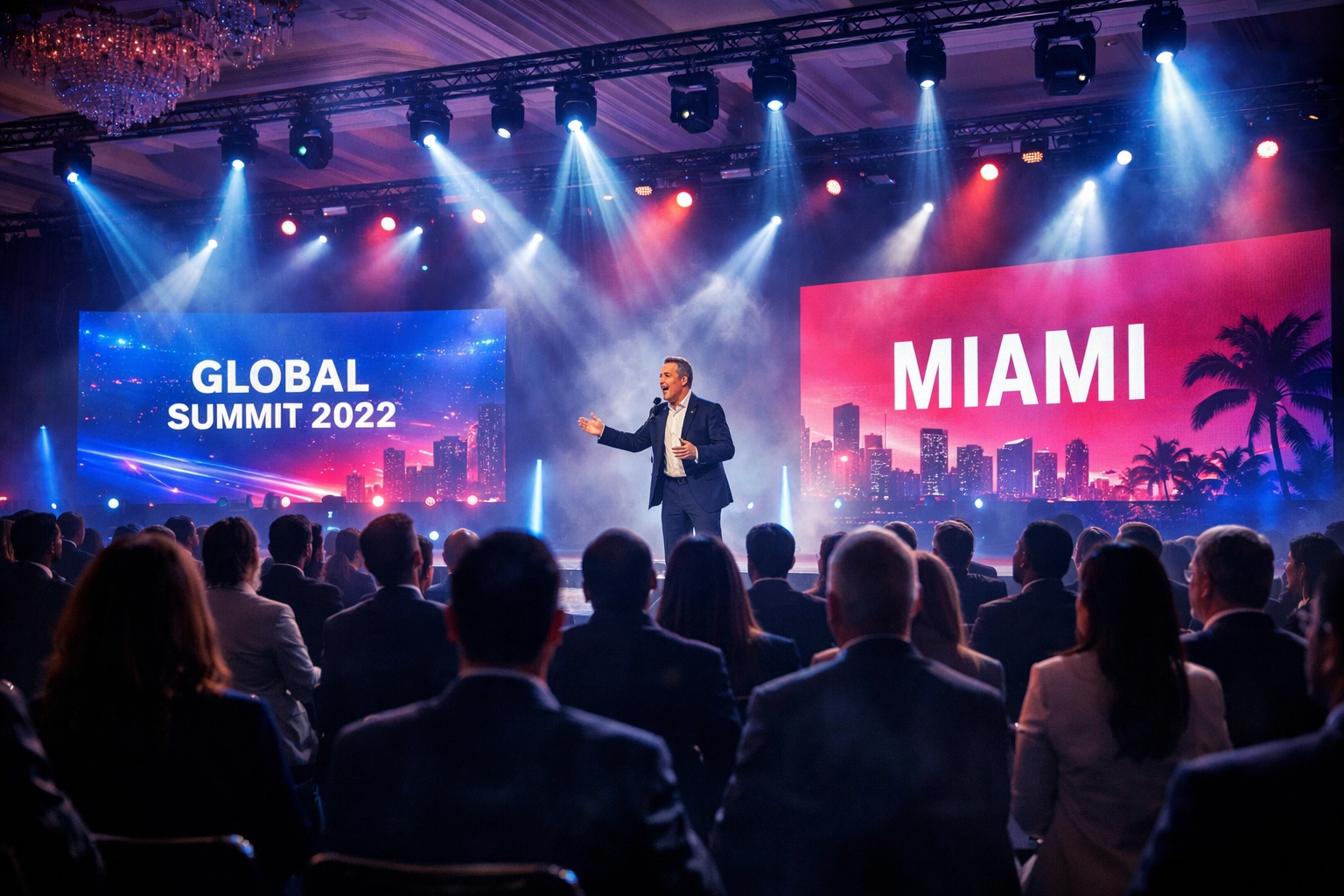 A professional Miami event photographer captures a dynamic corporate conference in a sleek ballroom.