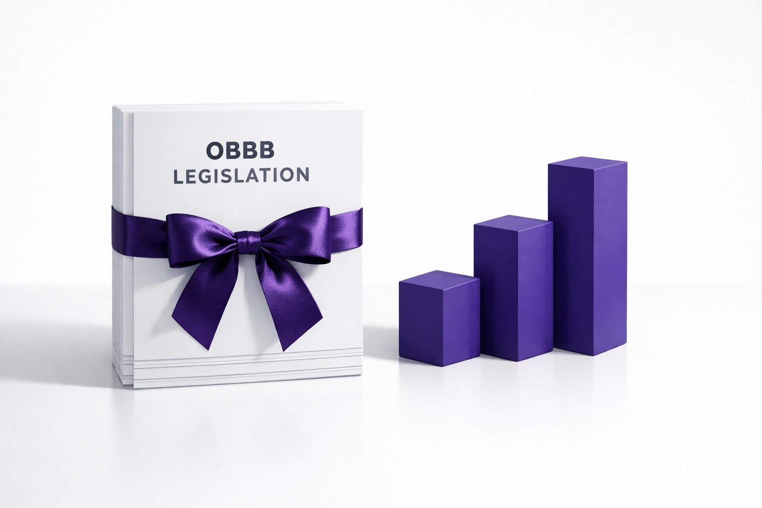 Official OBBB tax legislation document with a rising bar chart representing small business growth.