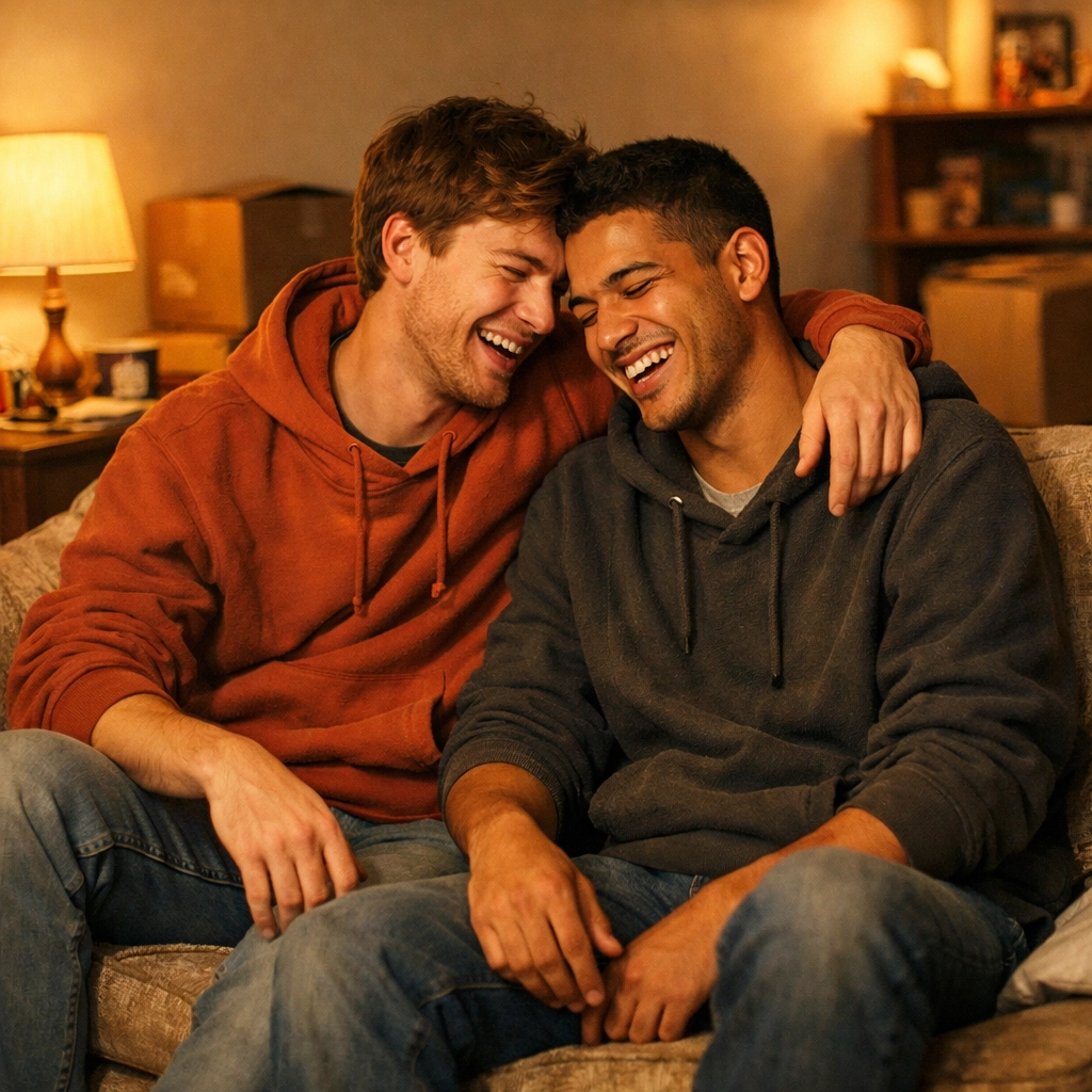 Two young men laughing together on couch in new apartment with moving boxes