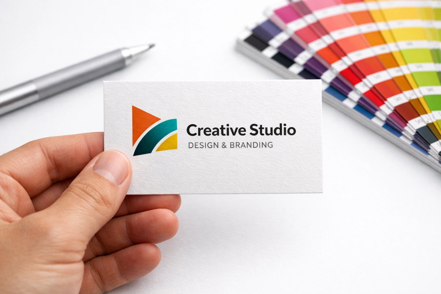 High-quality matte business card design being reviewed next to a brand color swatch book.