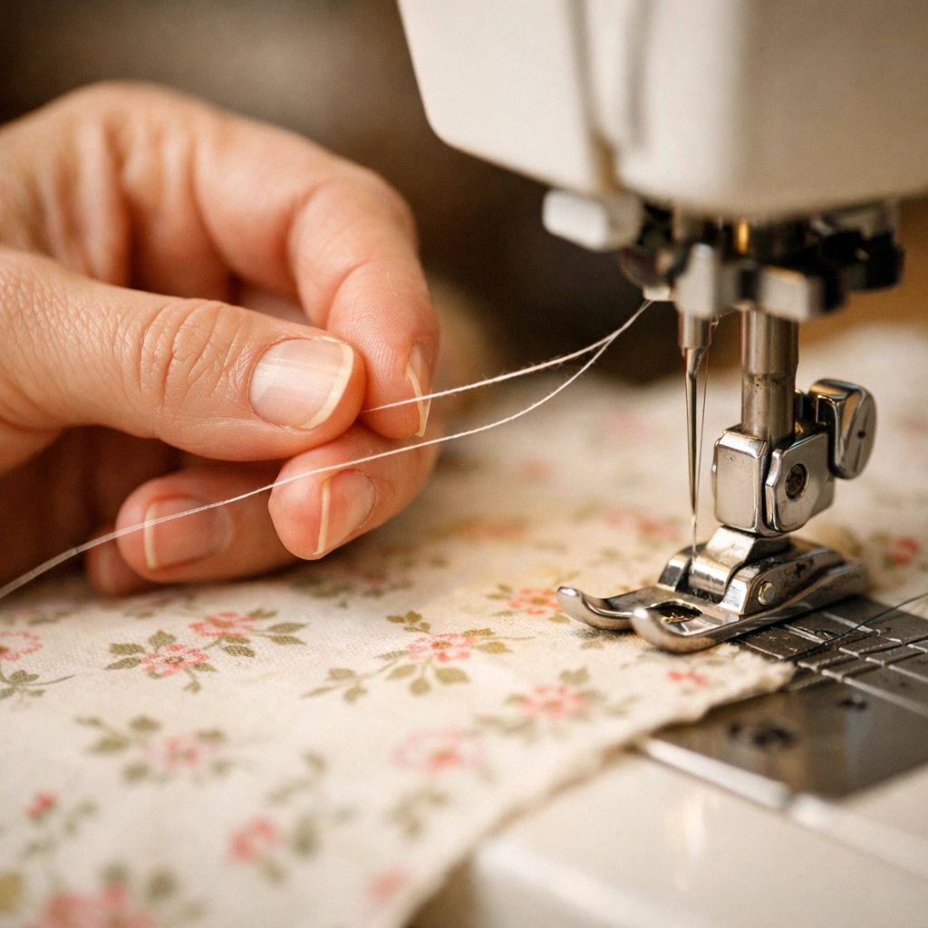 A quilter holding top and bobbin thread tails behind the presser foot to prevent thread bunching at the start.