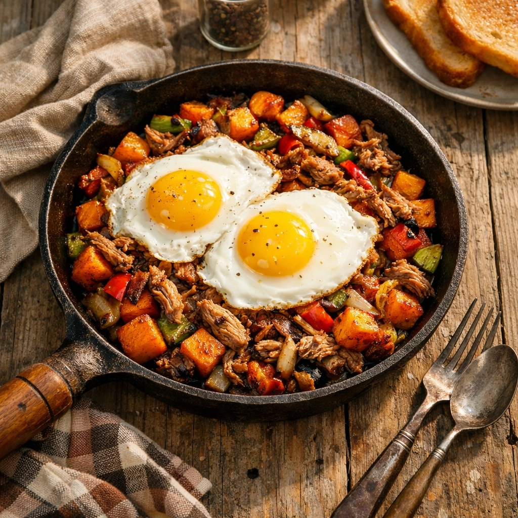 Southern breakfast hash made from leftover pulled pork, sweet potatoes, and over-easy eggs.