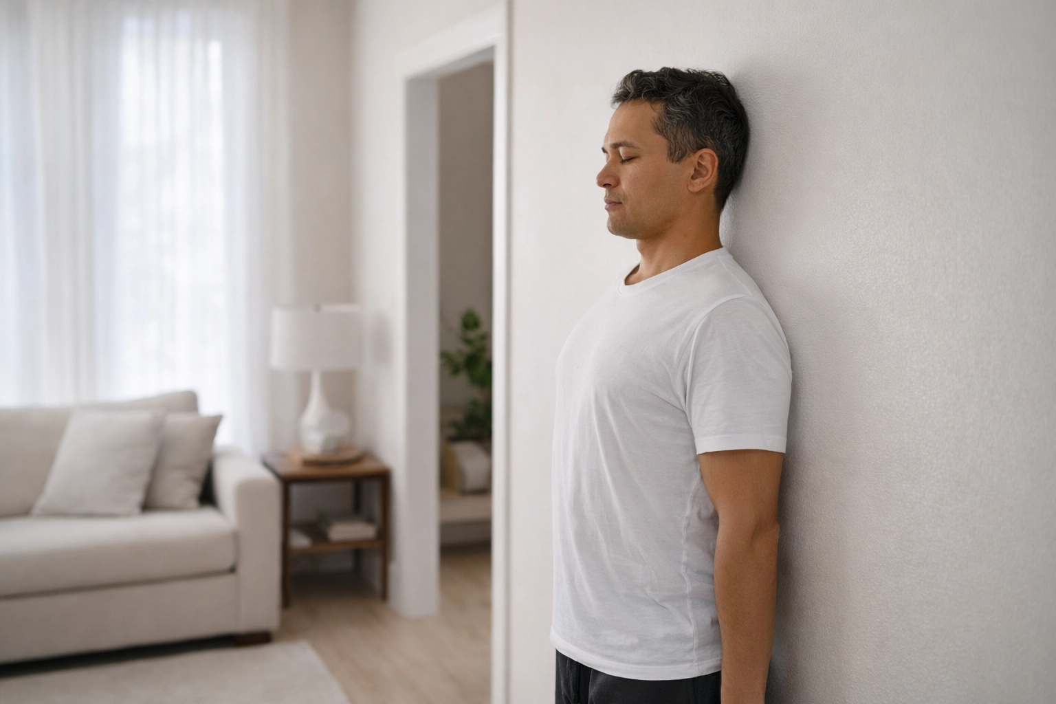 A person performing an at-home doorway chest stretch to support postural awareness and reduce upper-body tension.