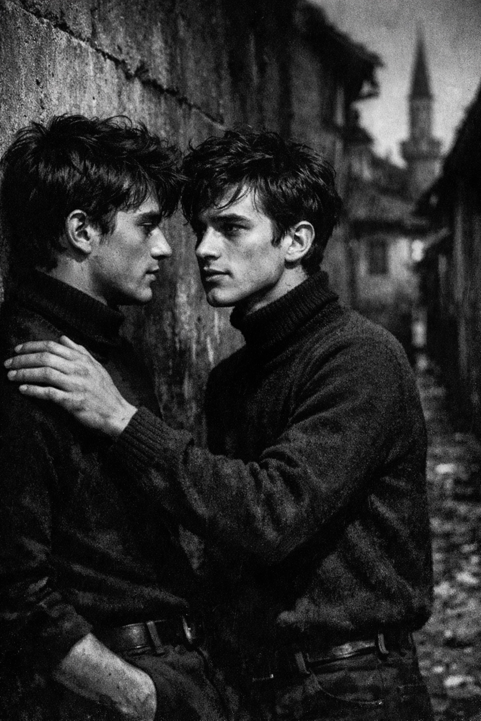 Two rebellious men in a historic Sarajevo alleyway, illustrating the origins of queer Balkan cinema and gay fiction.