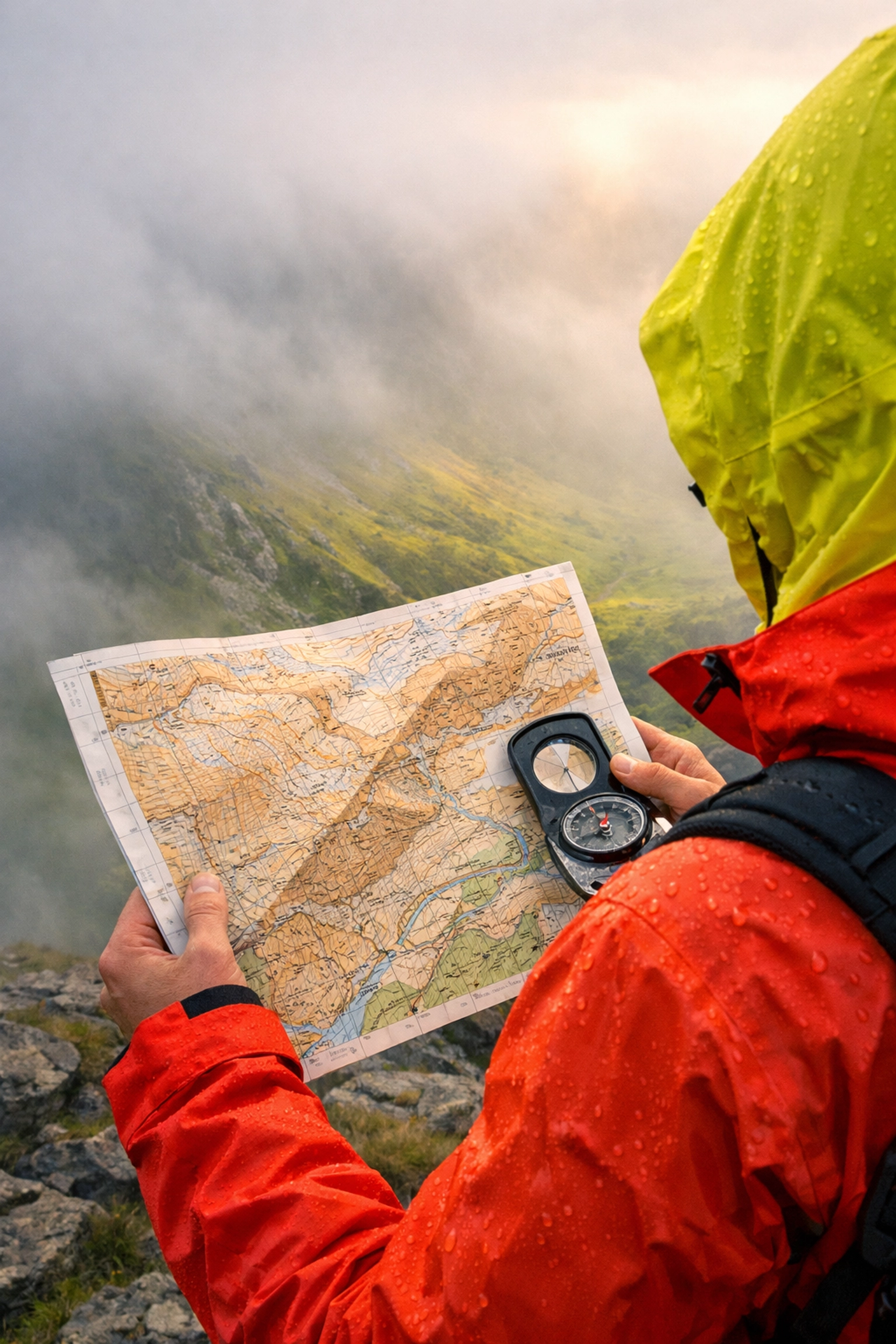 Hiker navigating with map and compass in thick fog during UK wild camping trip