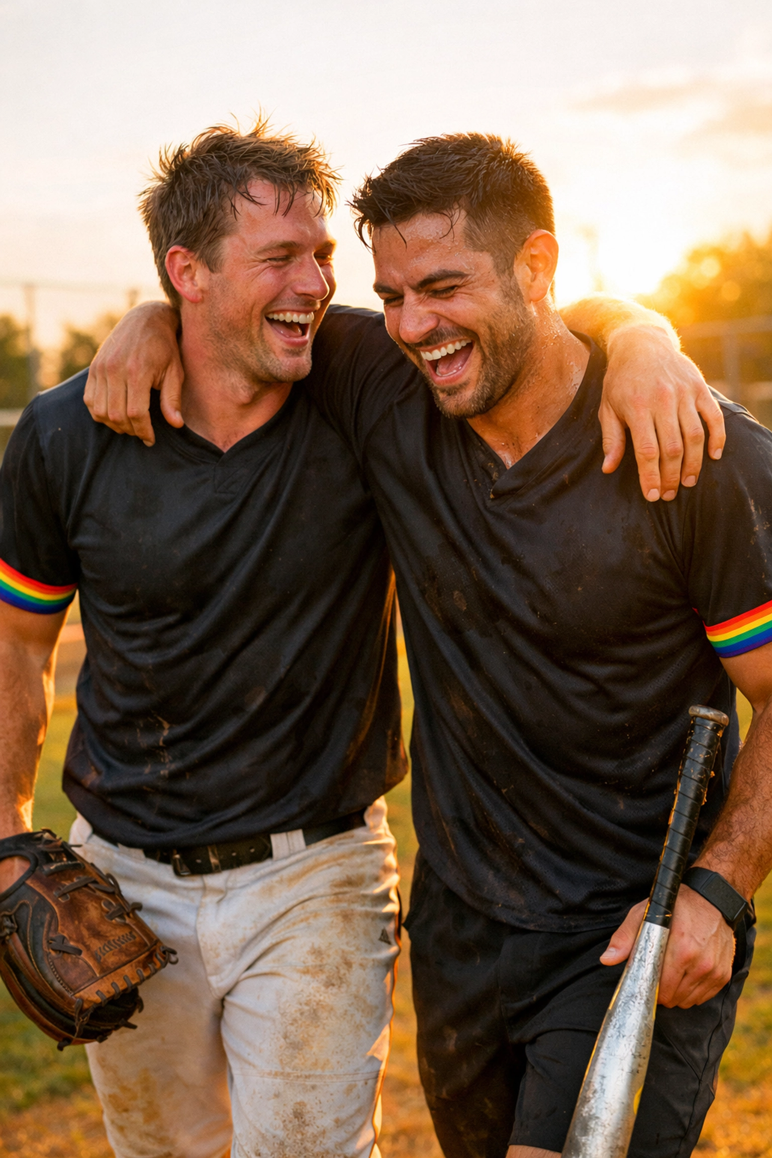 Two men in rainbow-trimmed jerseys laughing on a softball field, a classic athlete trope in gay romance.