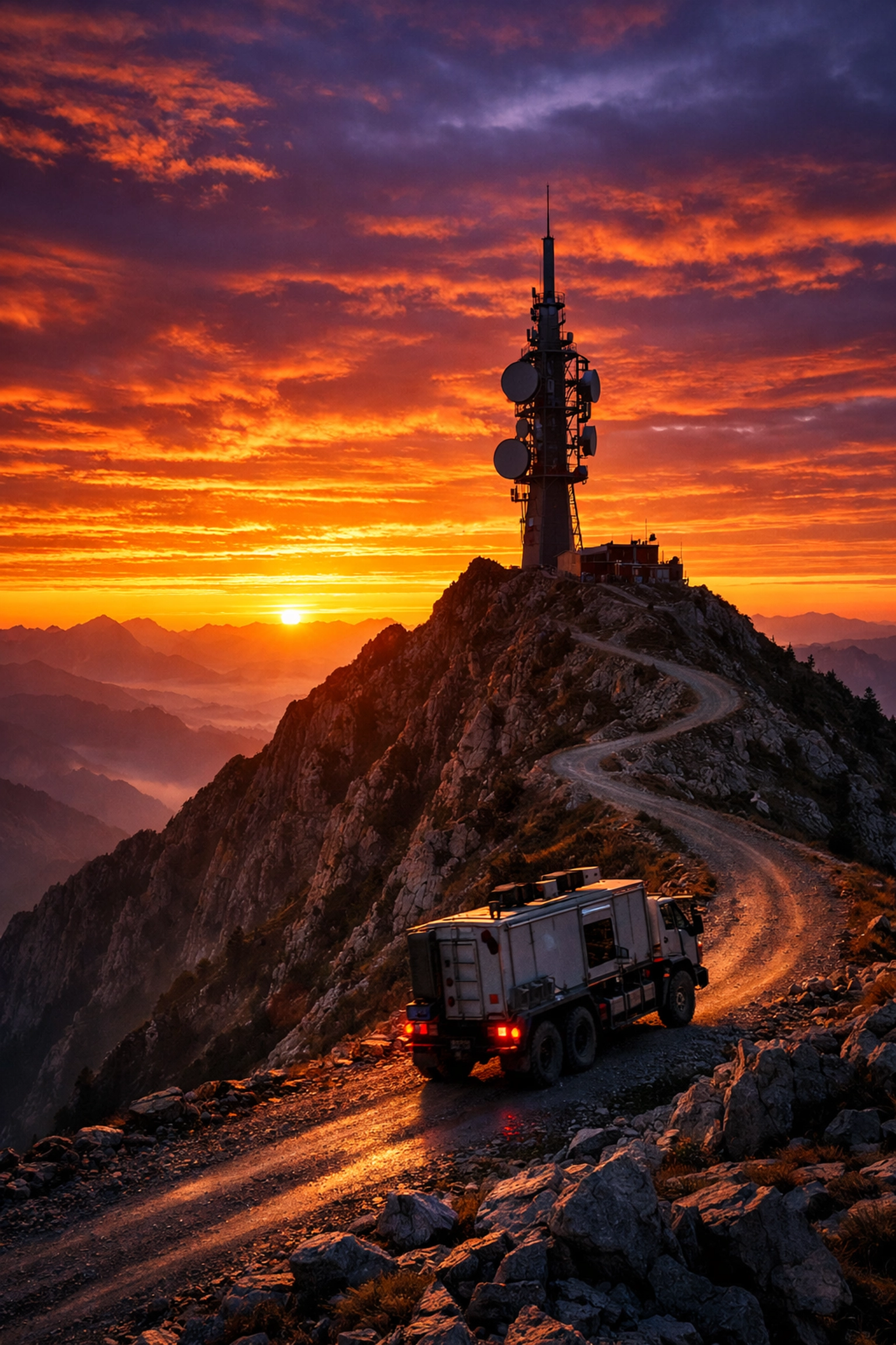 Logistics vehicle delivering infrastructure equipment to a remote mountain telecommunications tower.