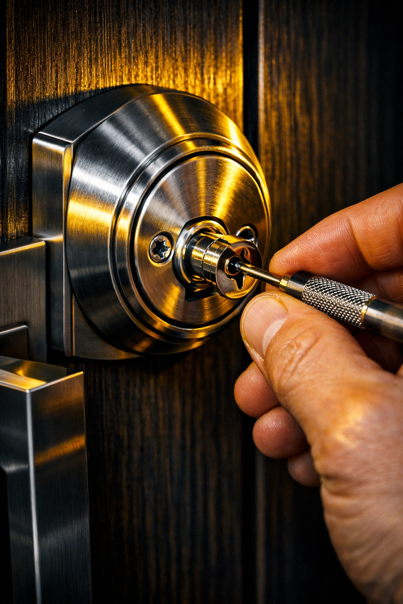 Professional locksmith near me rekeying a high-security residential deadbolt in Indianapolis.
