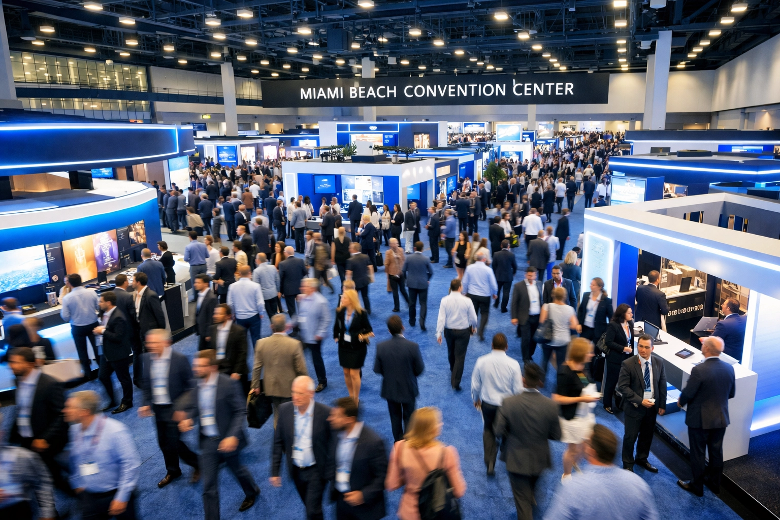 Bustling trade show photographer miami perspective of a corporate event at the Miami Beach Convention Center.