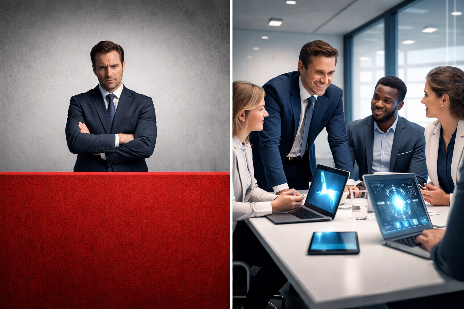 Contrasting leadership styles: executive blocking shadow AI use versus team empowered with secure AI automation