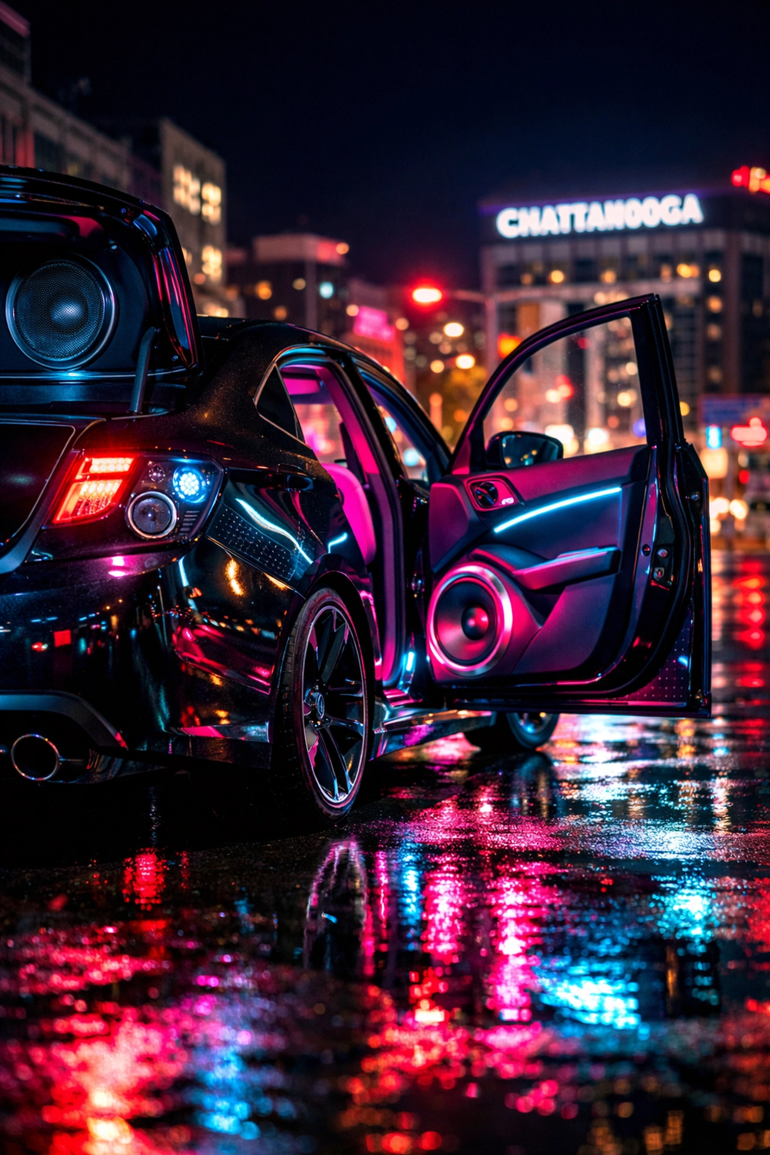 Professional car audio installation in Chattanooga TN featuring upgraded speakers and neon interior lighting.