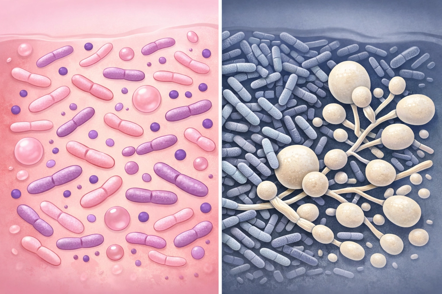 Medical illustration comparing healthy vaginal flora with bacterial vaginosis infection