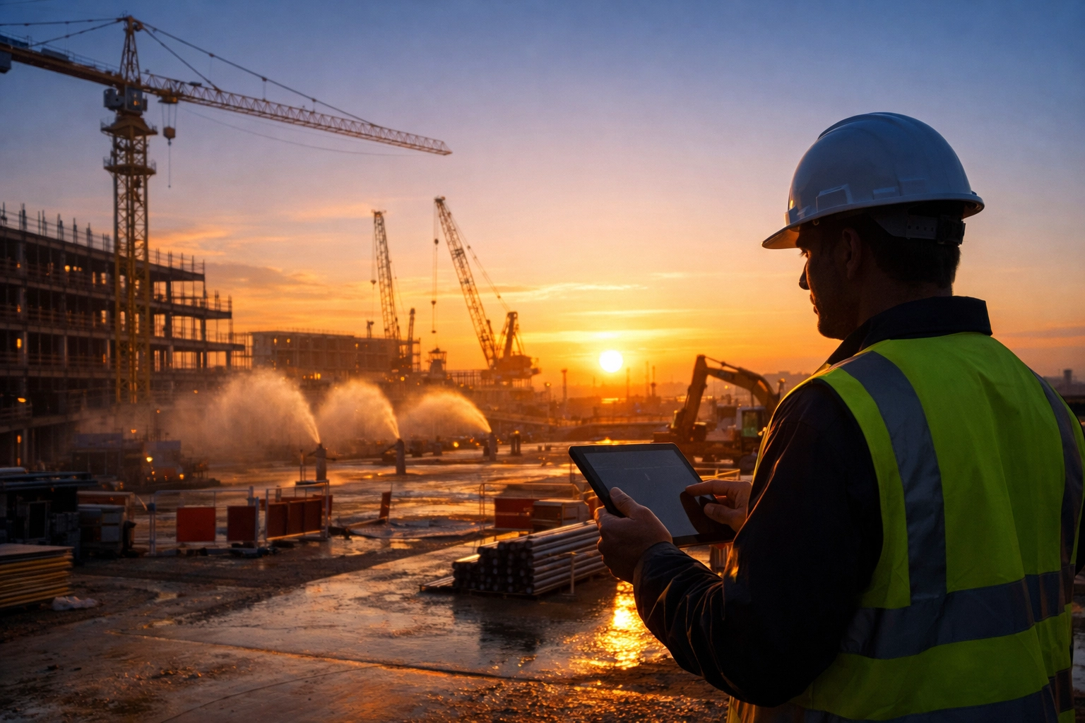 Environmental consultant monitoring air quality compliance at a well-managed construction project.