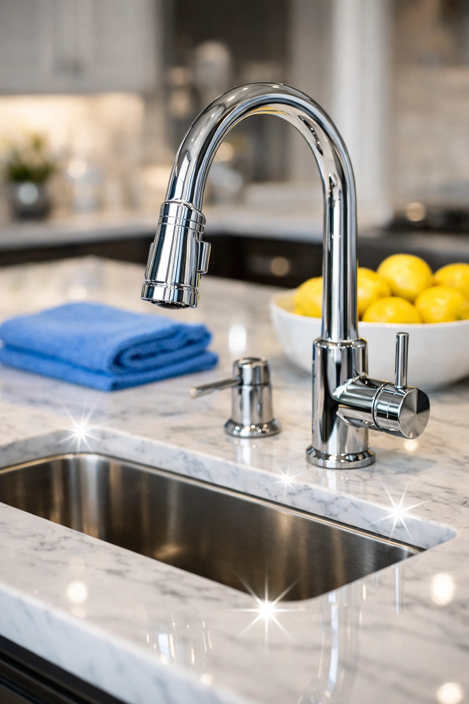 Detailed kitchen sanitization featuring polished chrome fixtures and spotless marble countertops.