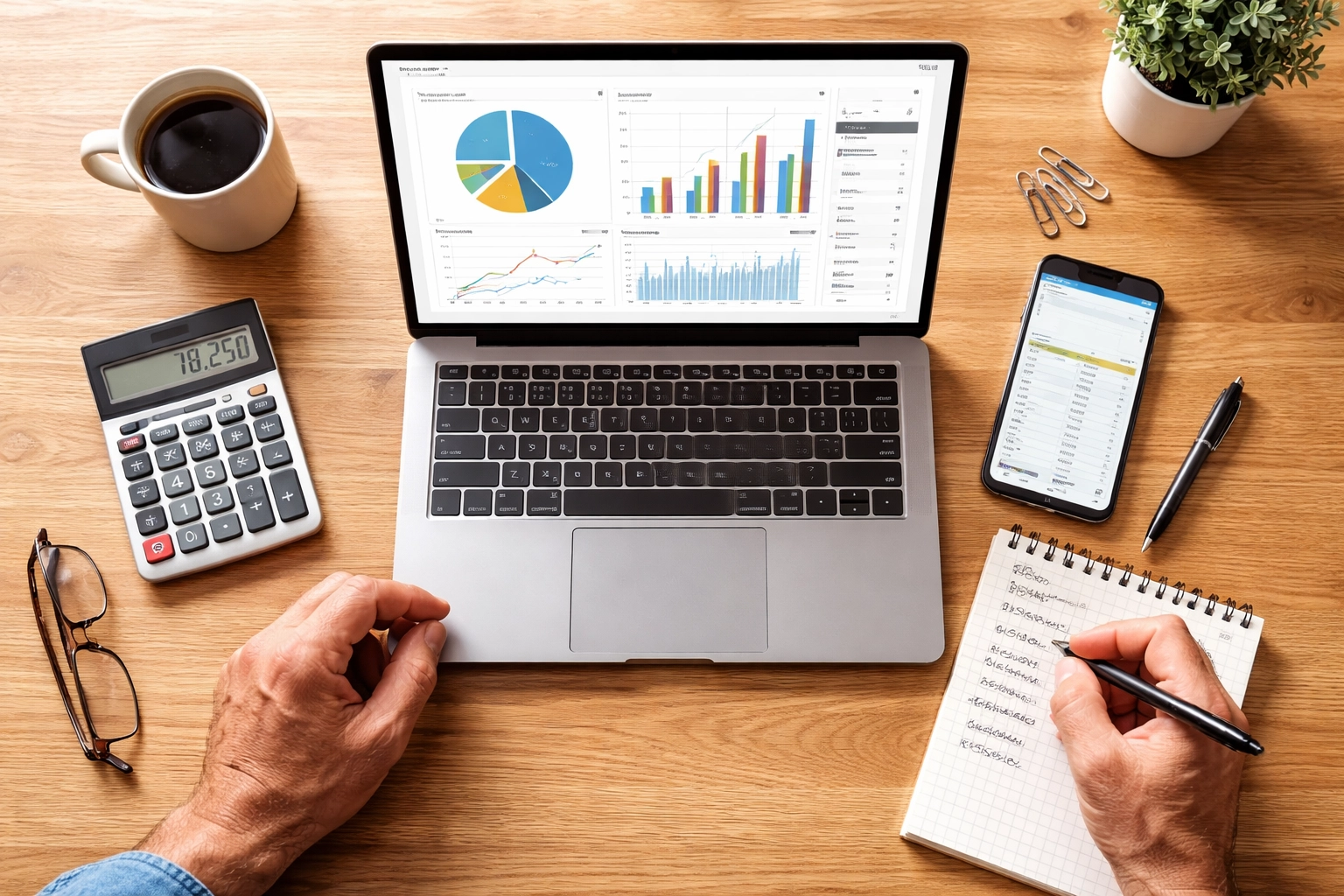 Home service business owner reviewing marketing data and ROI reports at a desk, emphasizing tracking numbers.