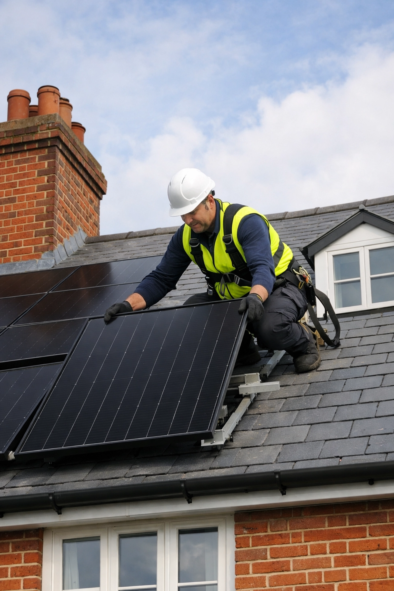 Professional solar panel installation on a red-brick UK home by a specialist installer