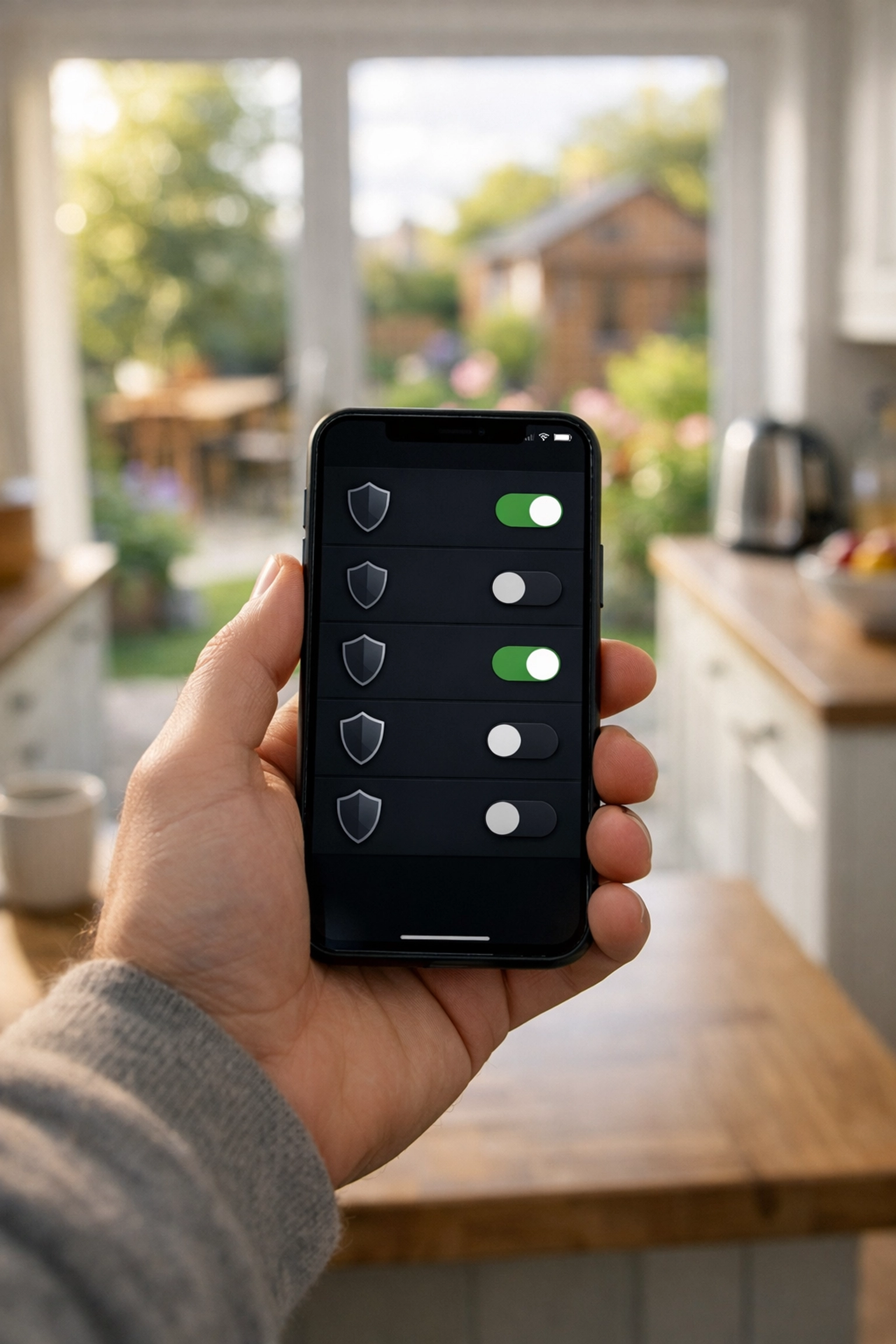 Homeowner in Chepstow using a mobile app to manage a professionally installed smart intruder alarm system.