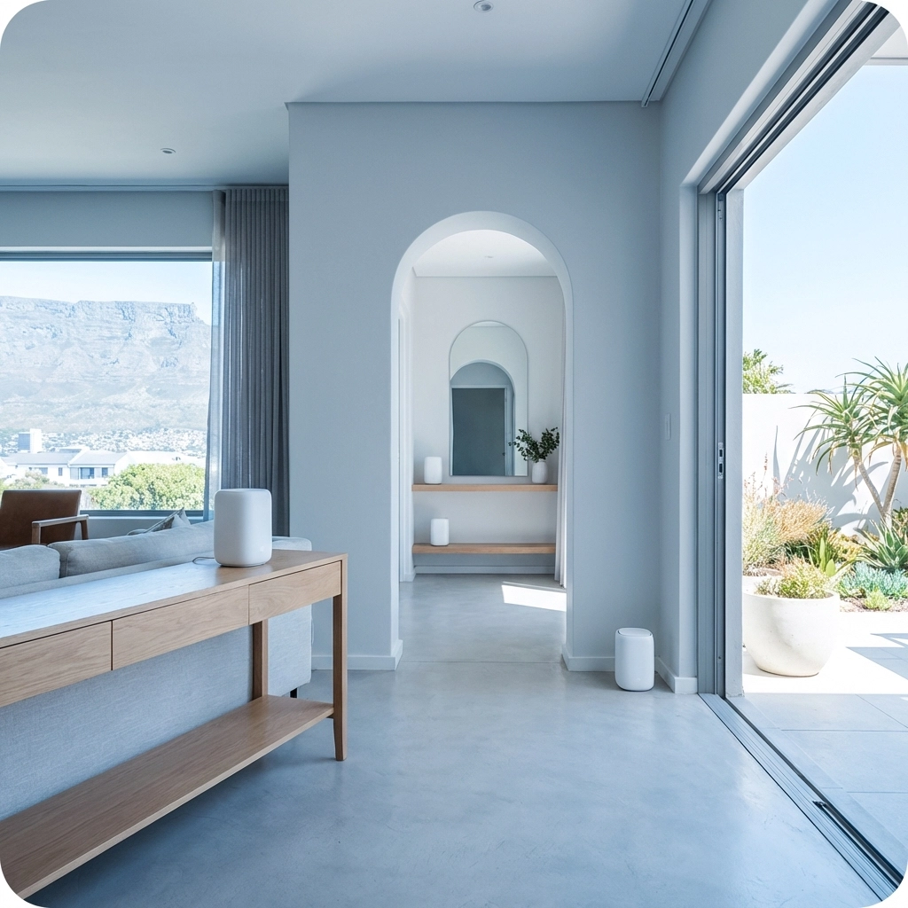 Mesh WiFi system nodes placed throughout a Cape Town home for seamless whole-house connectivity