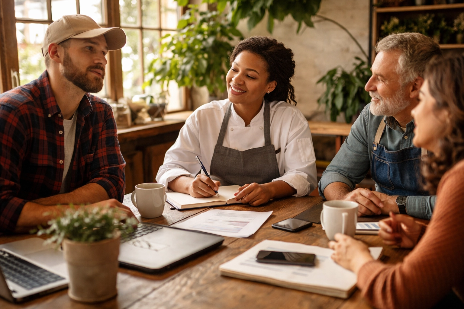 Diverse group of small business owners engaged in thoughtful peer discussion about business decisions