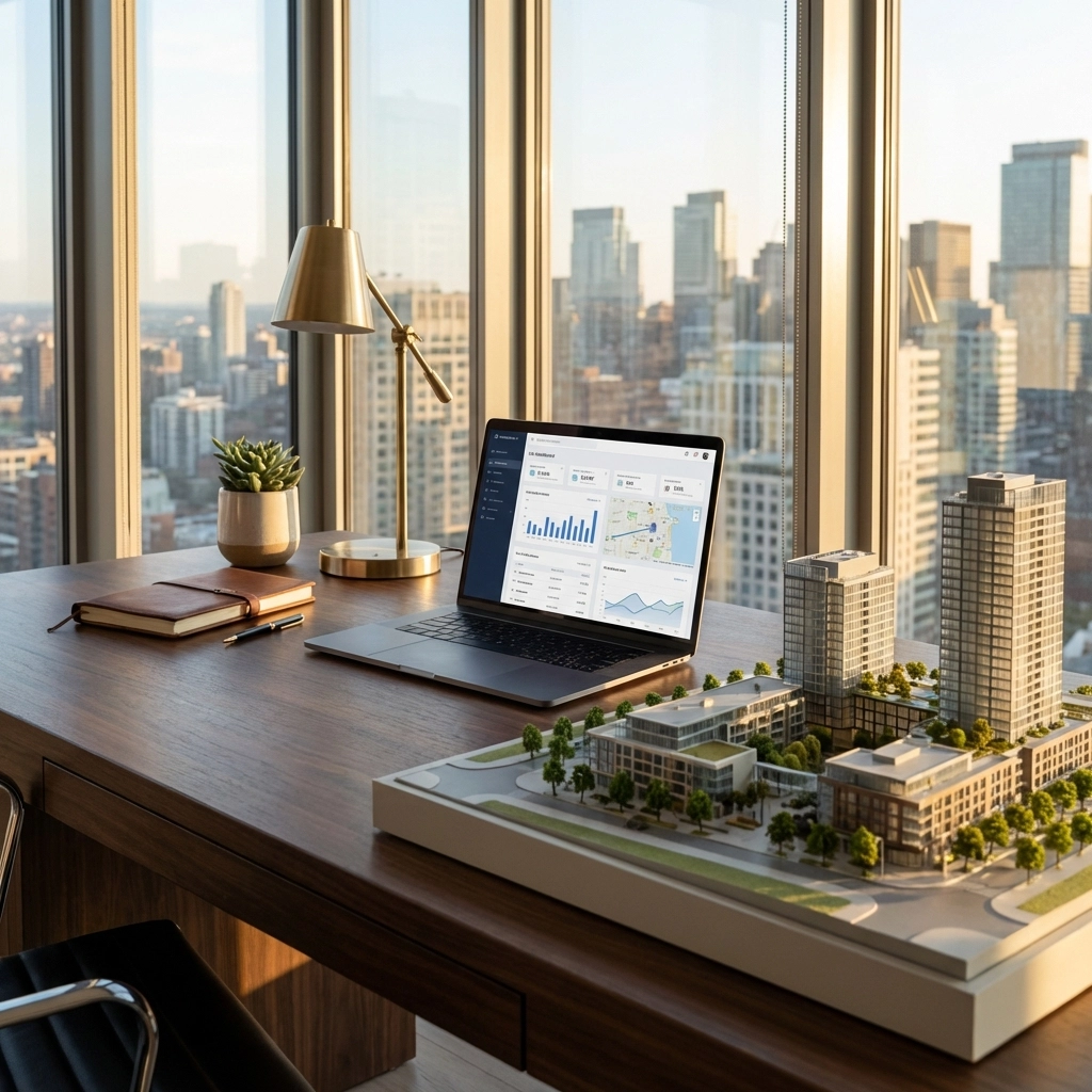 Modern investor's desk with a real estate development model and analytics, highlighting real estate syndication strategies.