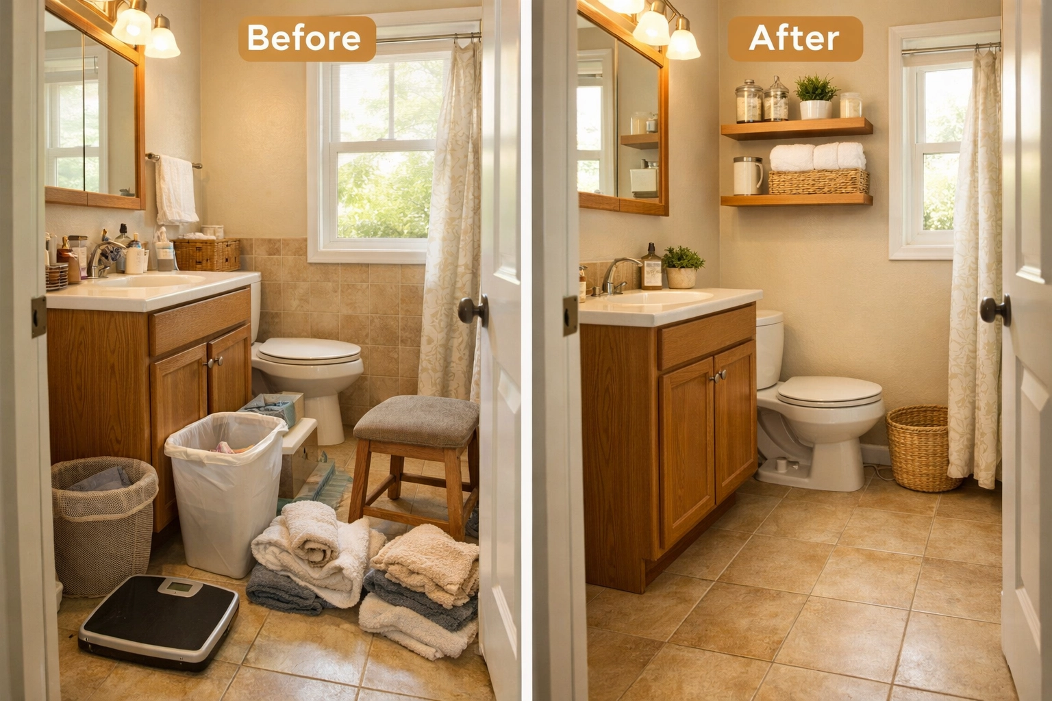 Cluttered bathroom vs organized space with clear pathways for safe mobility
