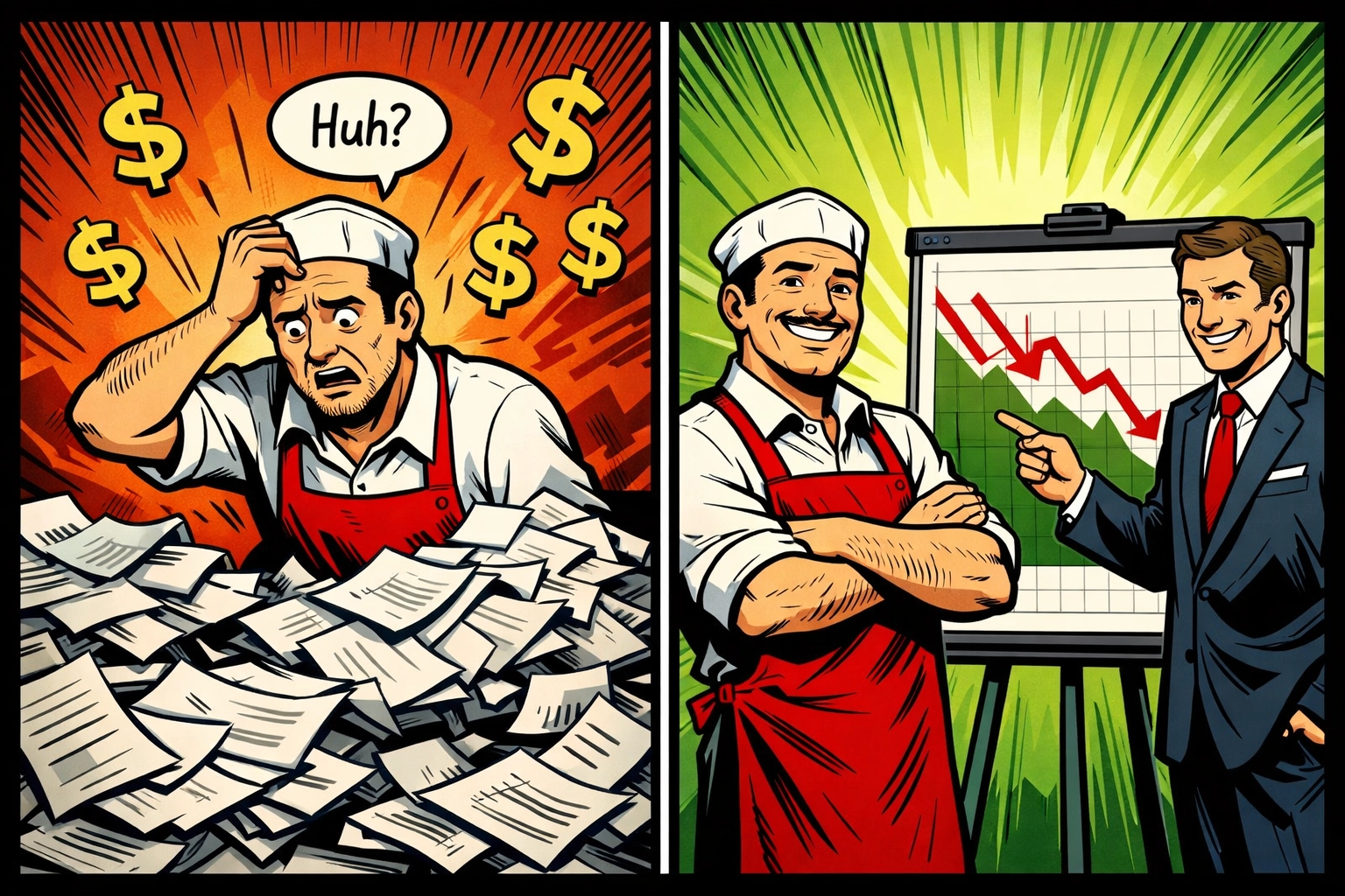 Transparent pricing comparison showing broker helping merchant understand payment processing fees