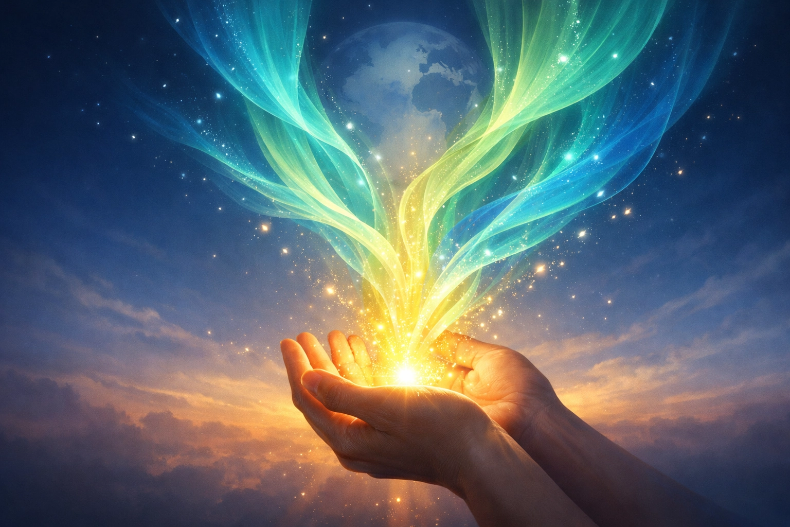 Hands holding light representing hope, healing, and global health progress