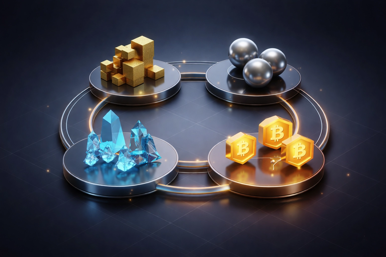 Balanced portfolio visualization showing diversified asset classes including equities, bonds, real estate, and Bitcoin