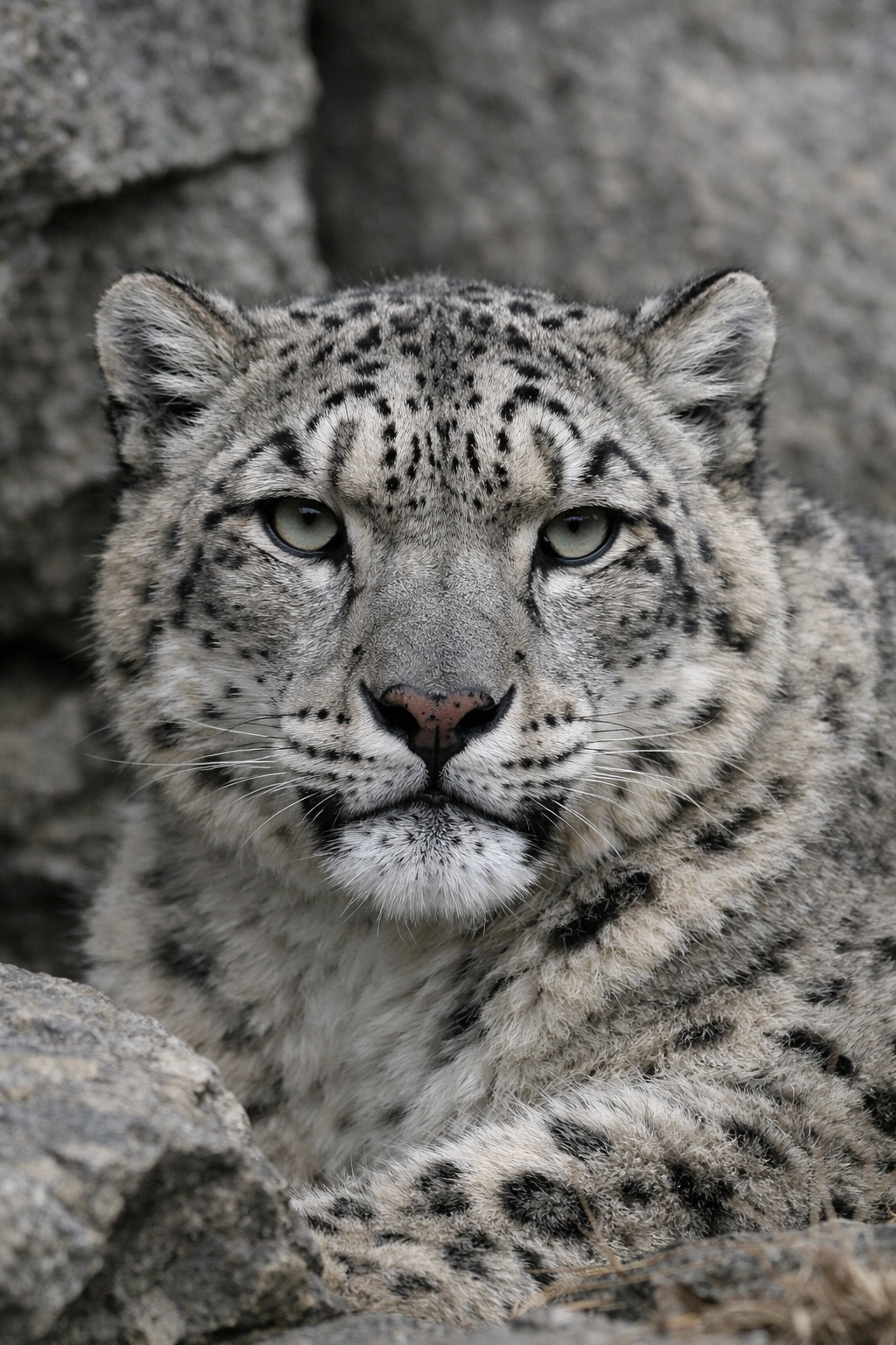Authentic, high-detail snow leopard portrait highlighting natural textures and realistic wildlife features.