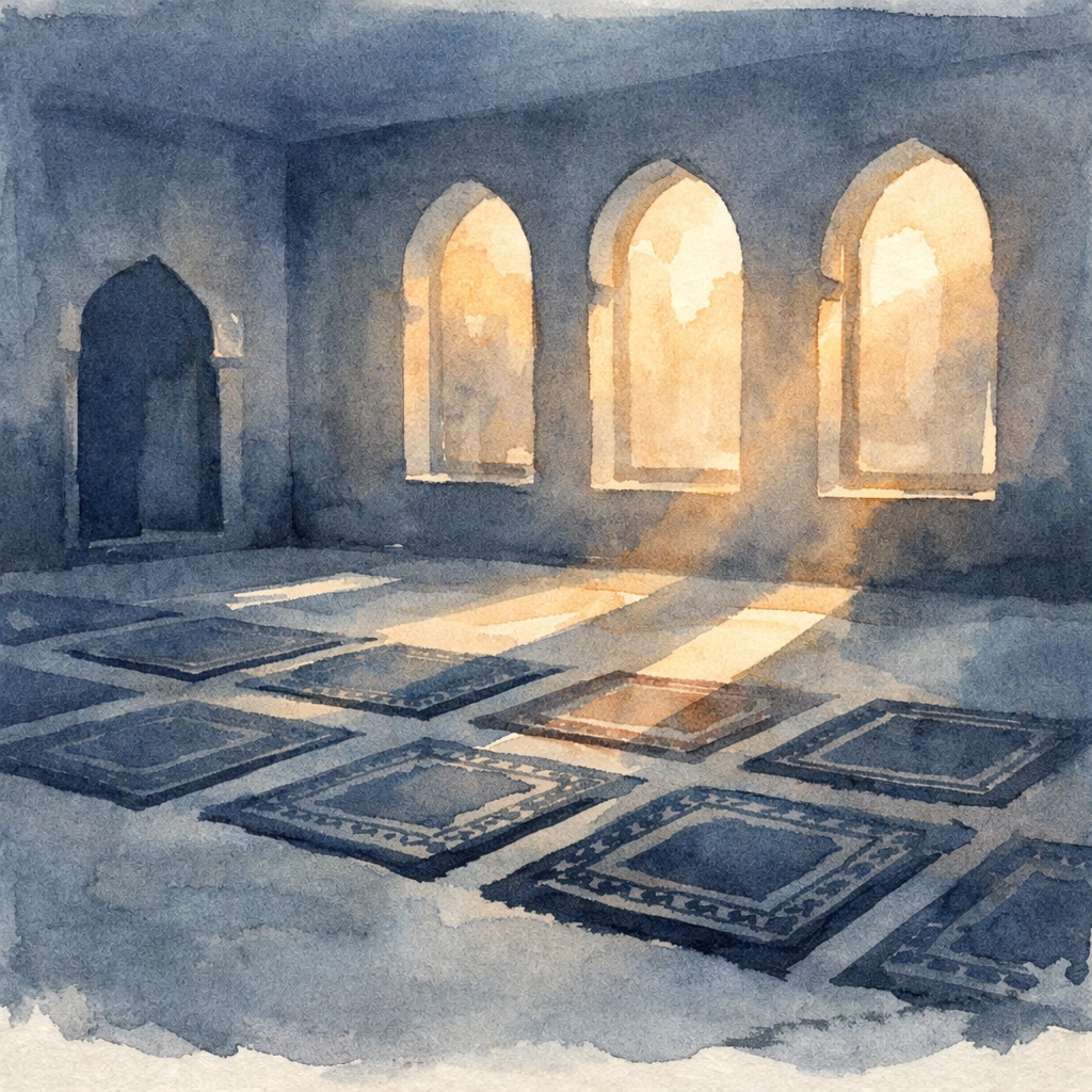 Empty prayer hall with traditional rugs symbolizing sacred Islamic worship space