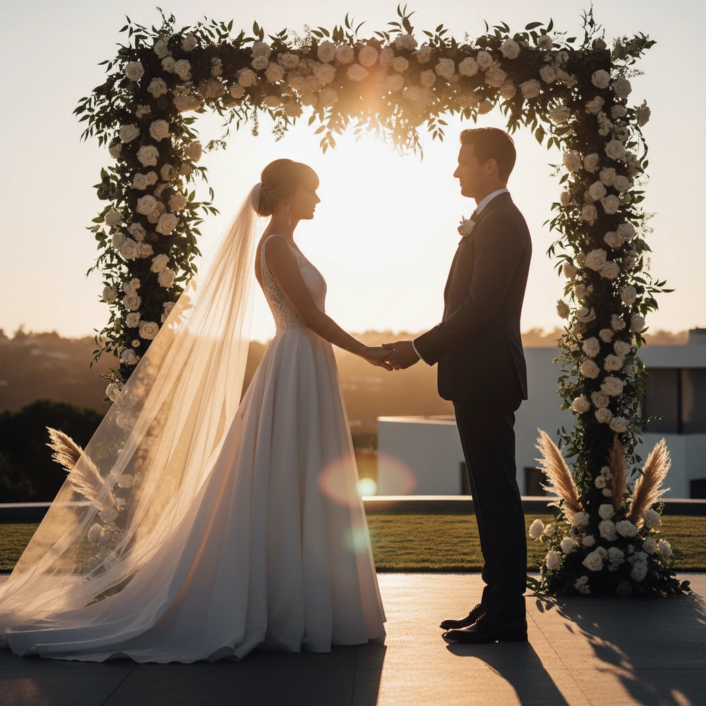 Bride and groom hold hands under a floral arch at sunset, casting a warm glow. The bride wears a white dress with a long veil.