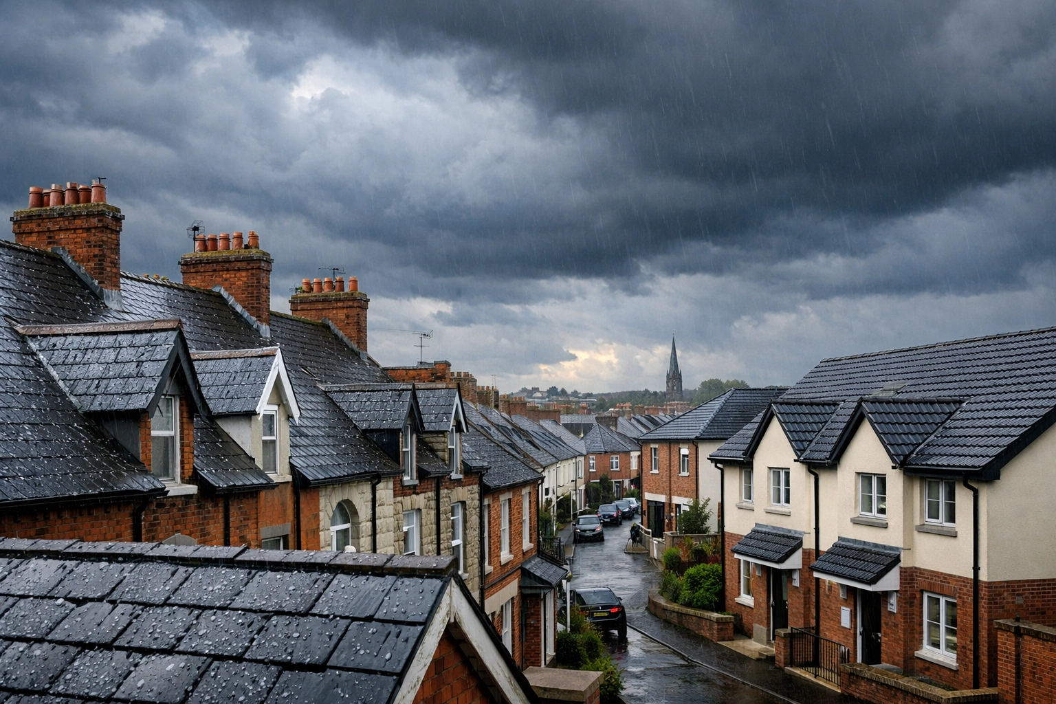 Lisburn residential homes with various roof types under stormy weather conditions