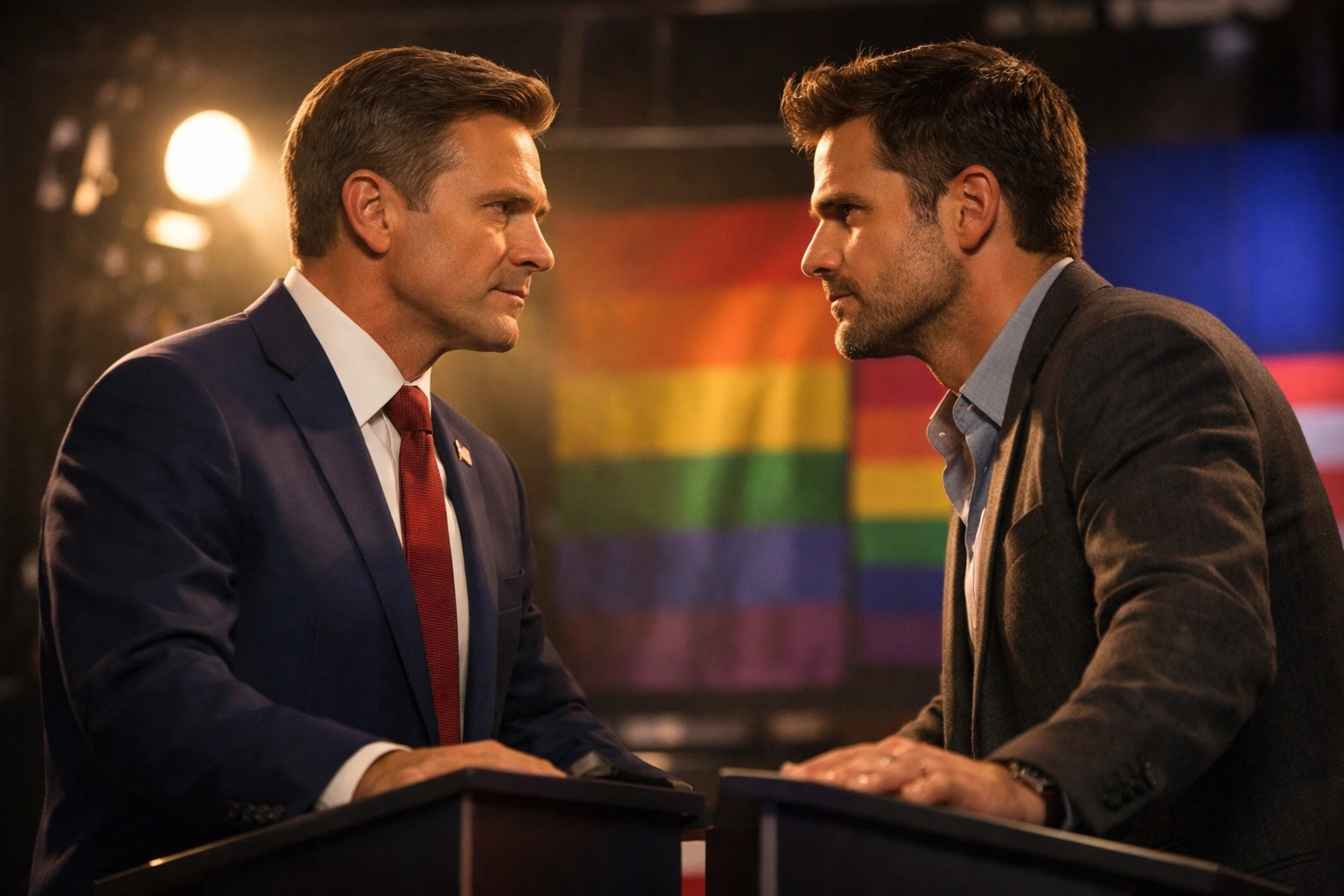 Two rival male politicians face off at debate podiums in tense MM romance enemies-to-lovers moment