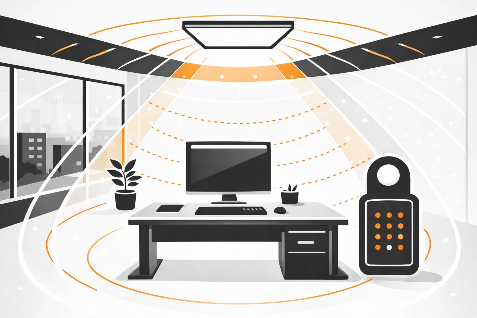 Illustration: Schematisches Bürolayout mit gleichmäßiger Ausleuchtung (vector, Elektro-Zentrum CI Schwarz/Dunkelgrau/Weiß mit Akzent-Orange)