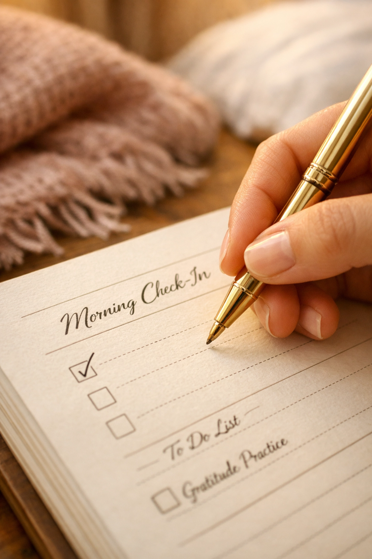 Close-up of a hand checking off a task in a weekly planner printable for daily productivity wins.