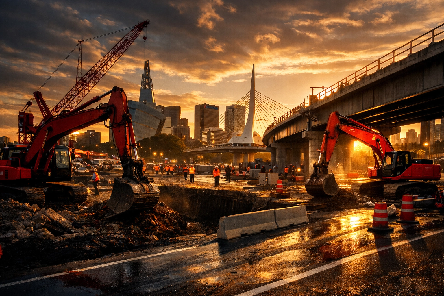 Construction workers and heavy machinery rebuilding Winnipeg infrastructure on major roadway project