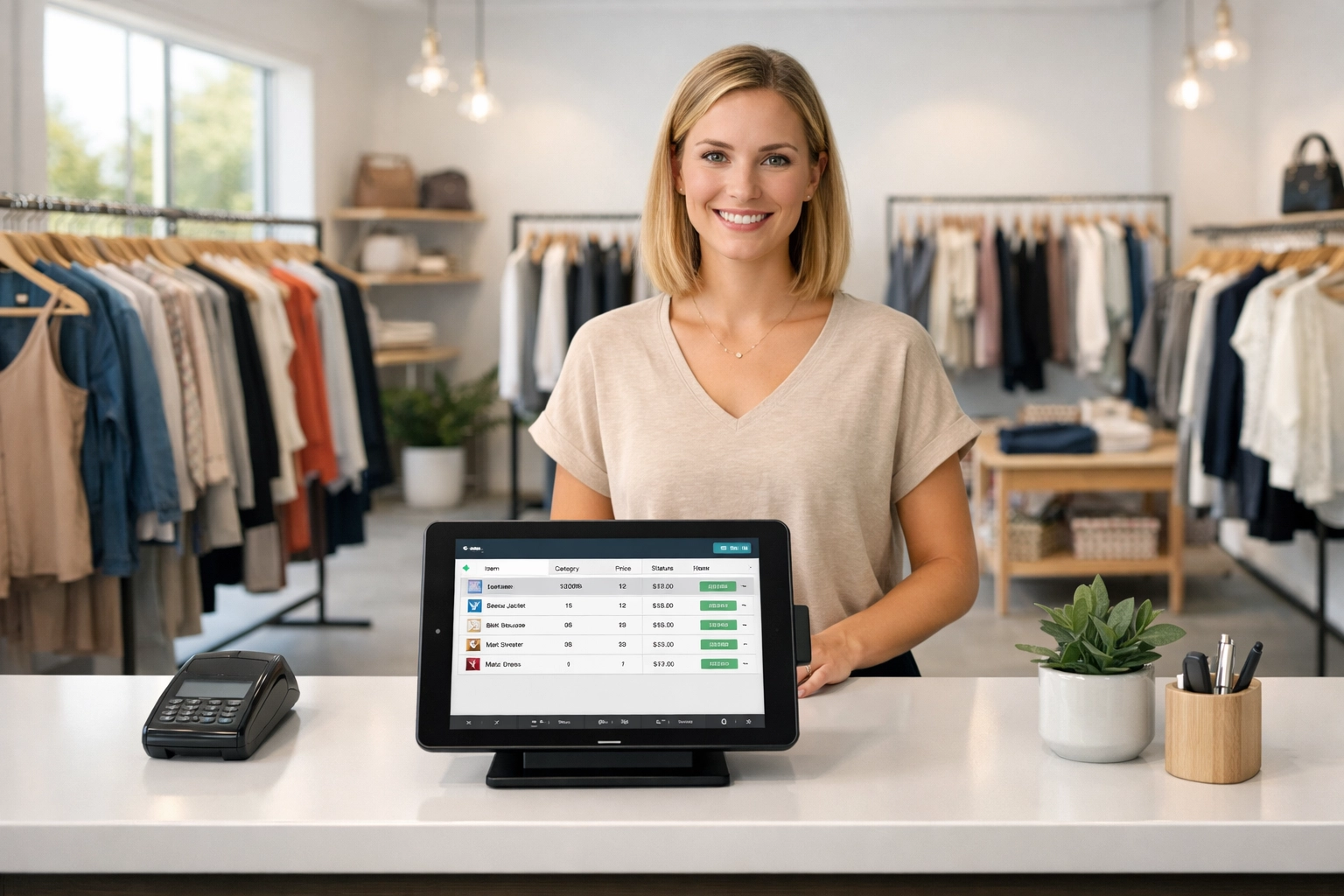 Modern retail boutique with tablet-based POS system managing inventory at checkout counter