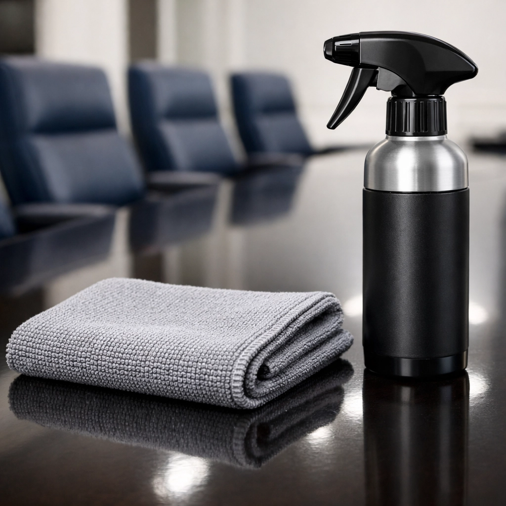 Close-up of professional cleaning supplies on a spotless Burlington office conference table.