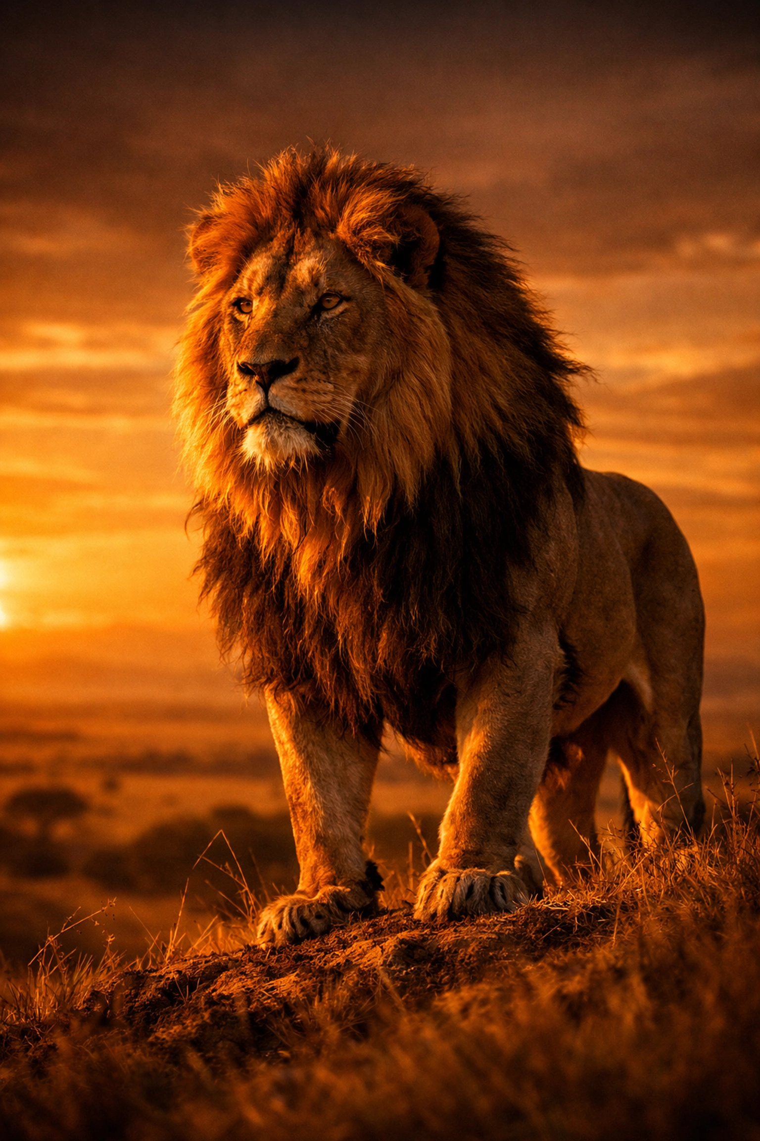 Male lion surveying territory at sunset representing protective family leadership and vigilance