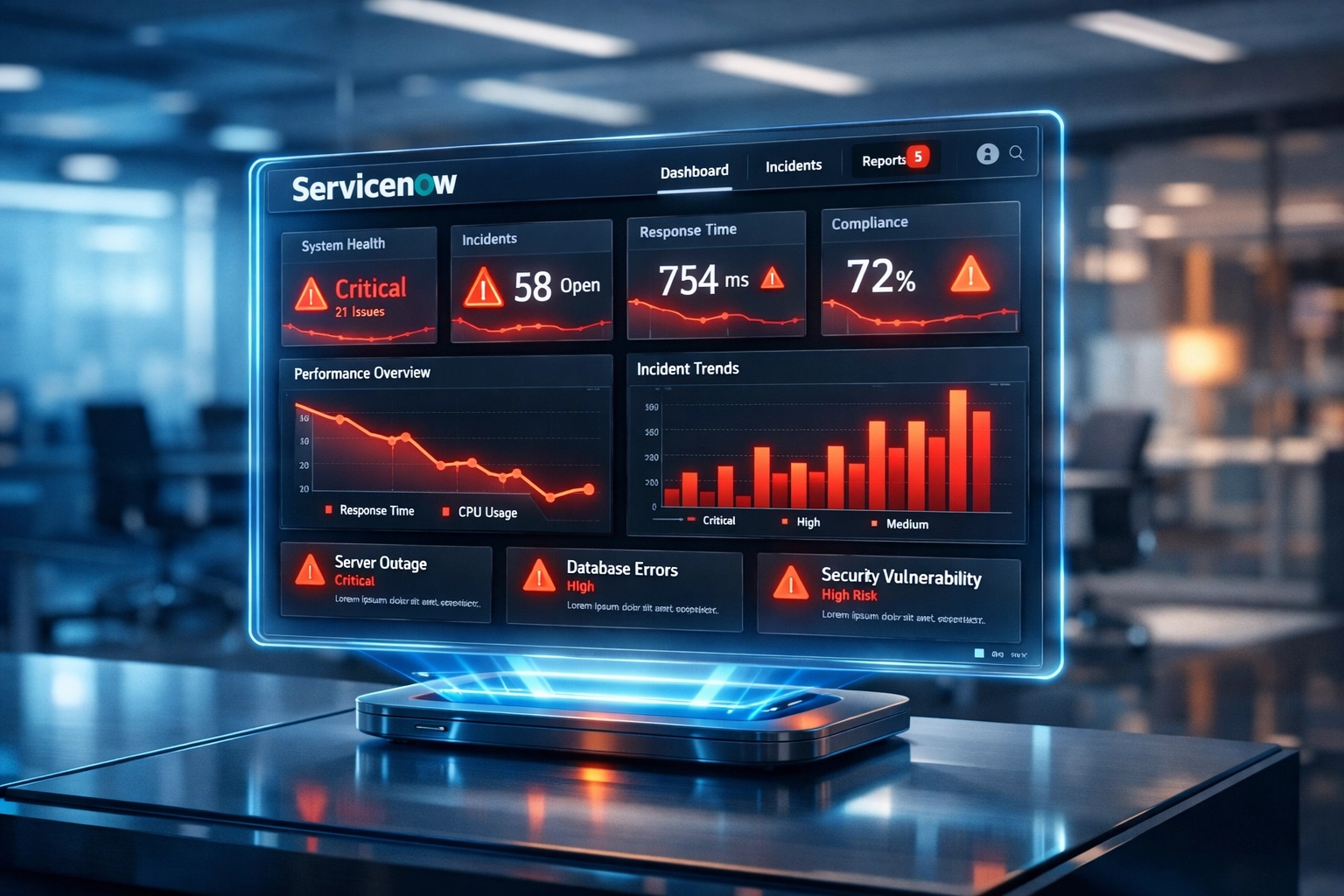 ServiceNow platform dashboard showing health metrics and performance warnings during technical assessment