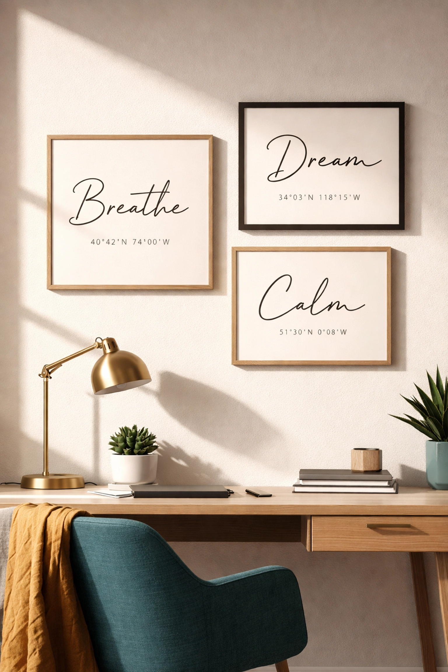 Home office with minimalist typography printable wall art arranged in a stylish gallery display