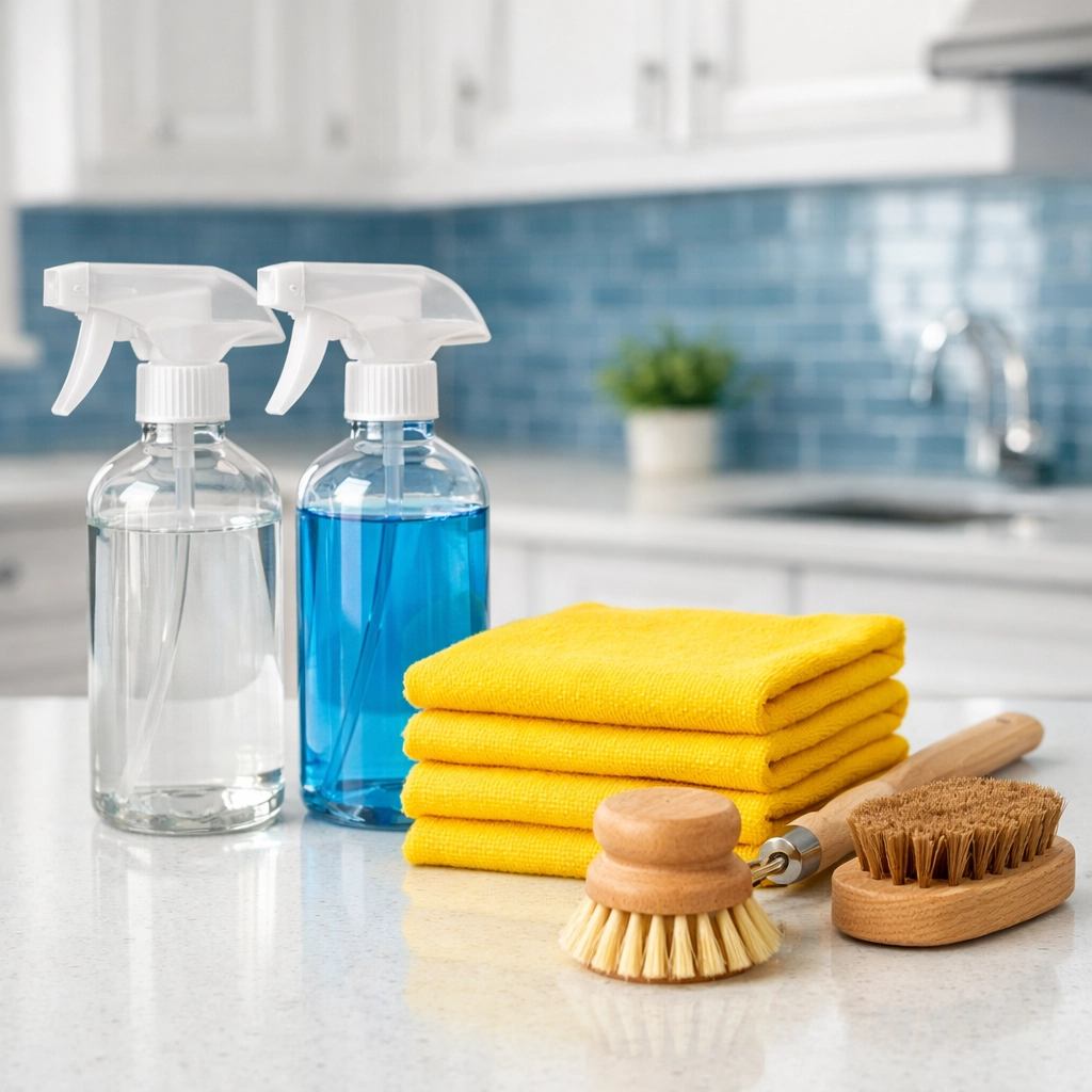 Professional eco-friendly supplies and yellow microfiber cloths for move-in cleaning in Cambridge.