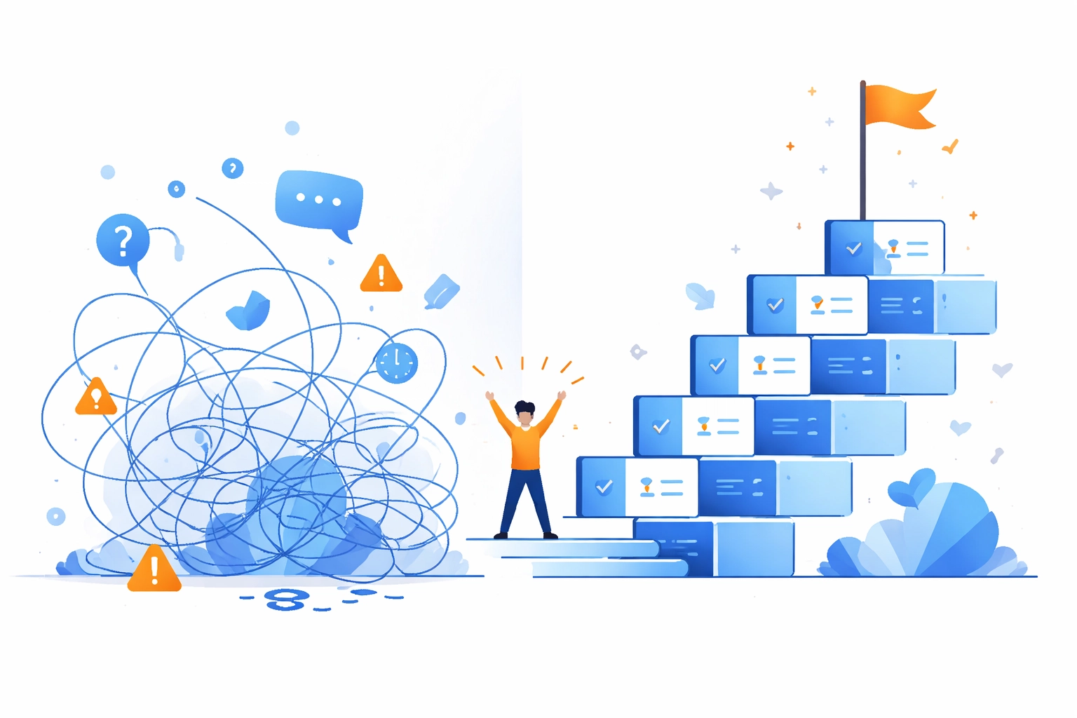 Illustration of reducing customer support chaos with effective customer education programs and improved revenue