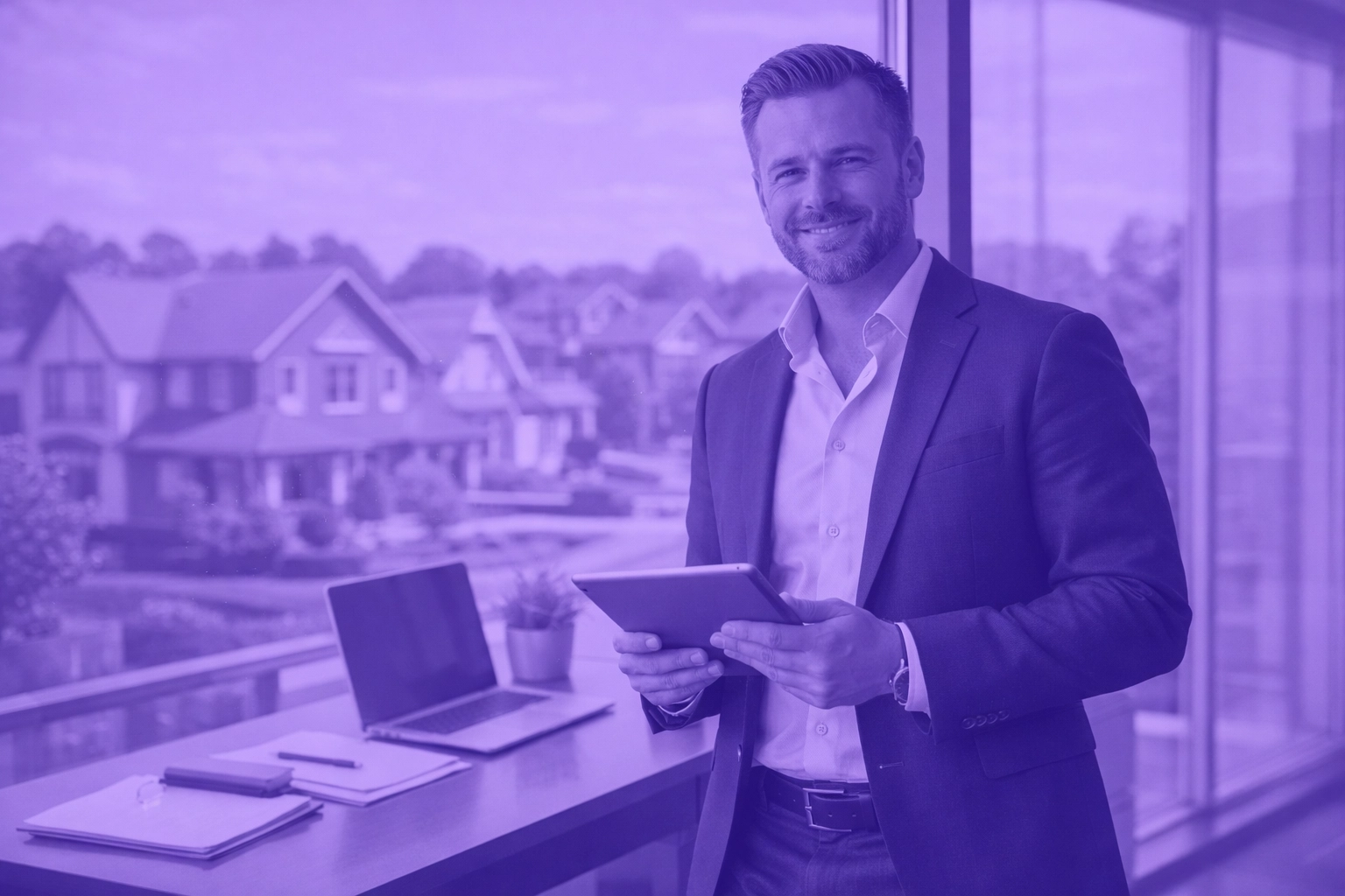 Property manager using a tablet in a modern office, showcasing efficient automated real estate workflows.