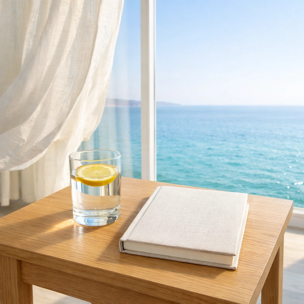 A peaceful seaside room with a journal, inviting a fresh start through a wellness discovery call.
