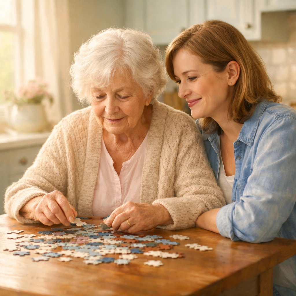 Family dementia caregiver helping elderly woman with puzzle at home in Sarasota