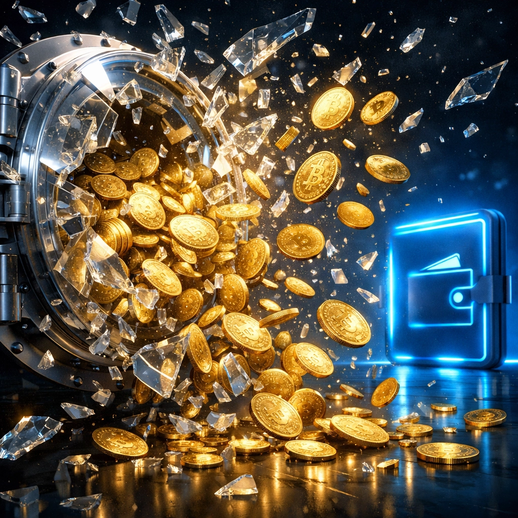 Self-custody crypto wallet breaking free from traditional payment processor vault with coins flowing