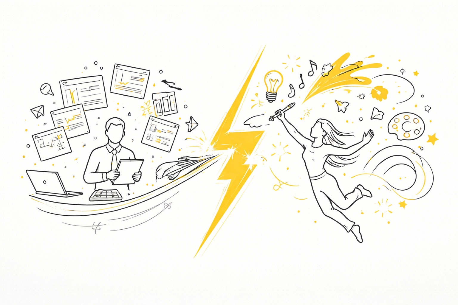 Human and AI collaborating in a rom-com style scene, highlighting teamwork and creativity in digital marketing