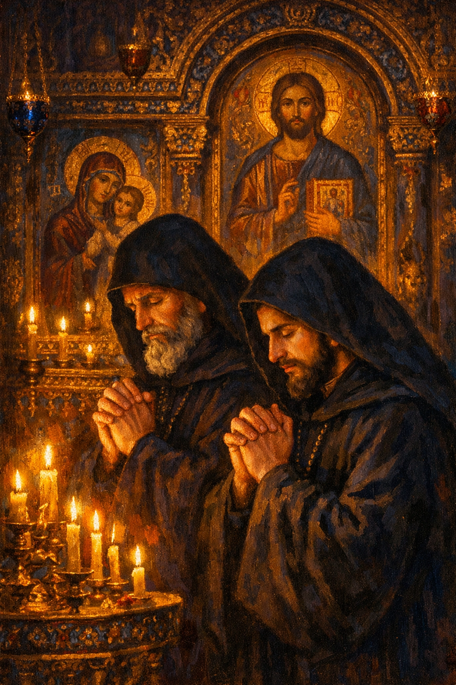 Byzantine monks performing adelphopoiesis brother-making ritual at church altar