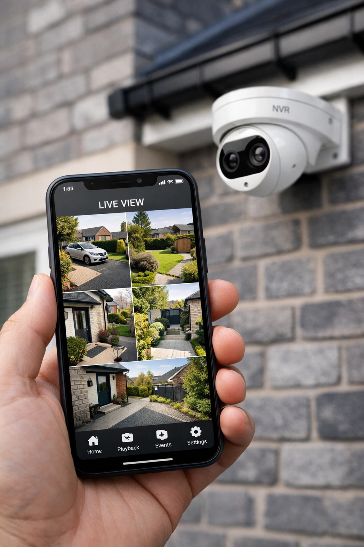 Viewing live security footage from NVR IP camera systems on a smartphone in Cardiff.